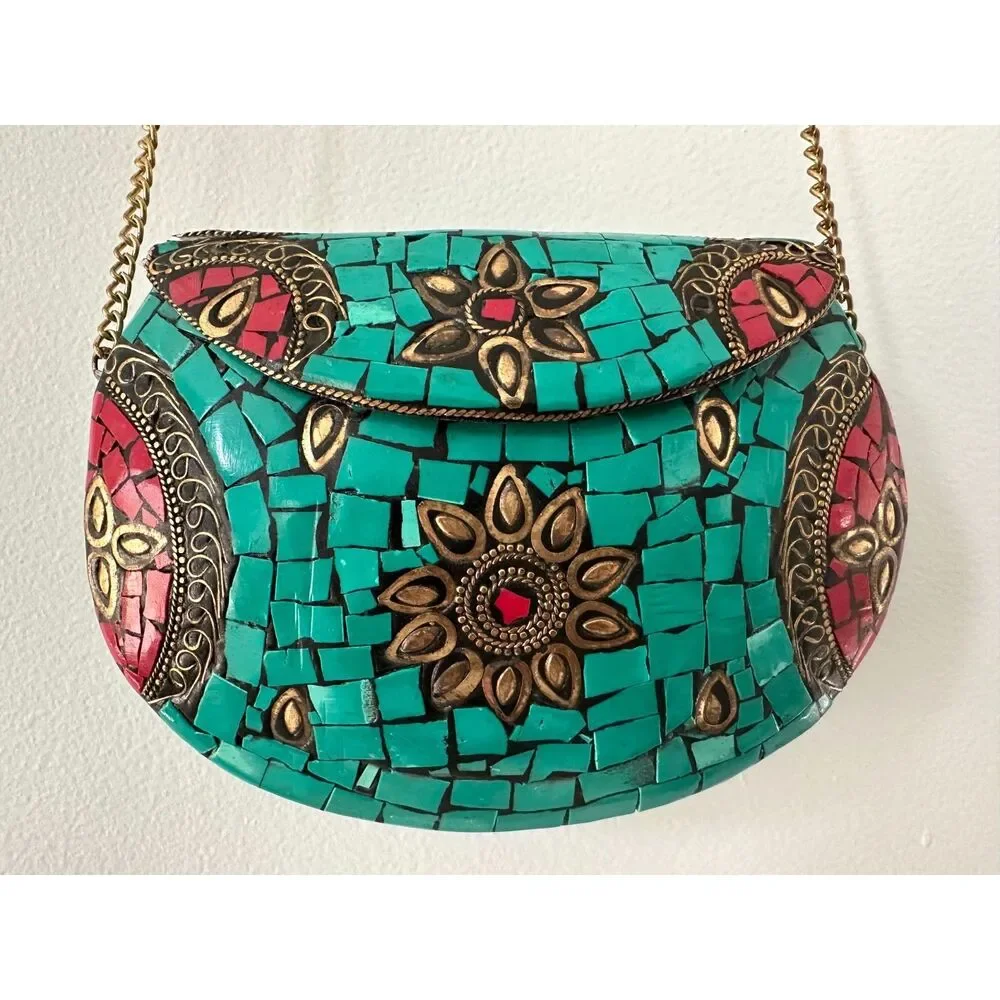 Vintage Turquoise Mosaic Tile Purse Coral Stone Inlay Crossbody Gold Chain Bag